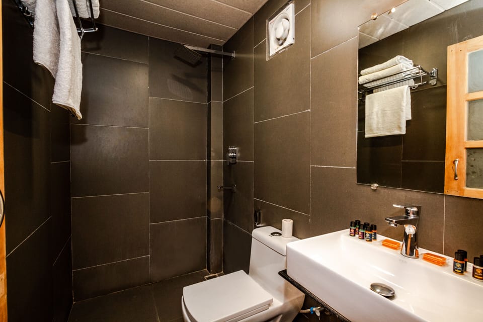Shower, rainfall showerhead, designer toiletries, hair dryer