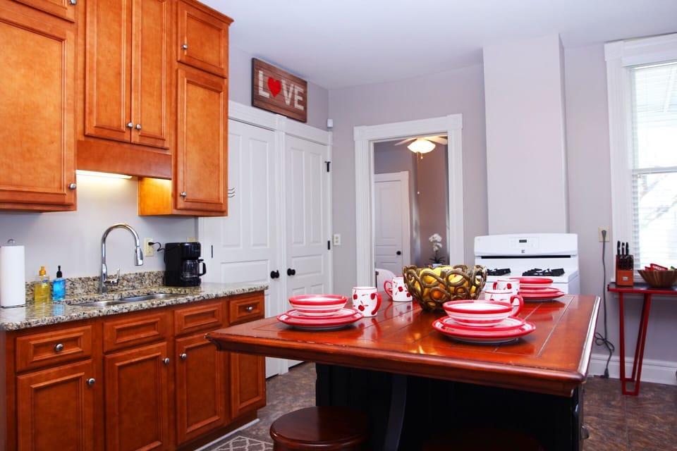 The large kitchen includes an island for extra seating.