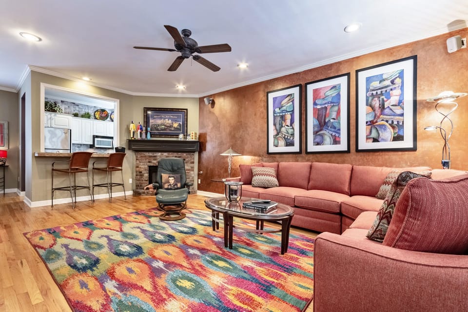 Living area looking through bar to kitchen