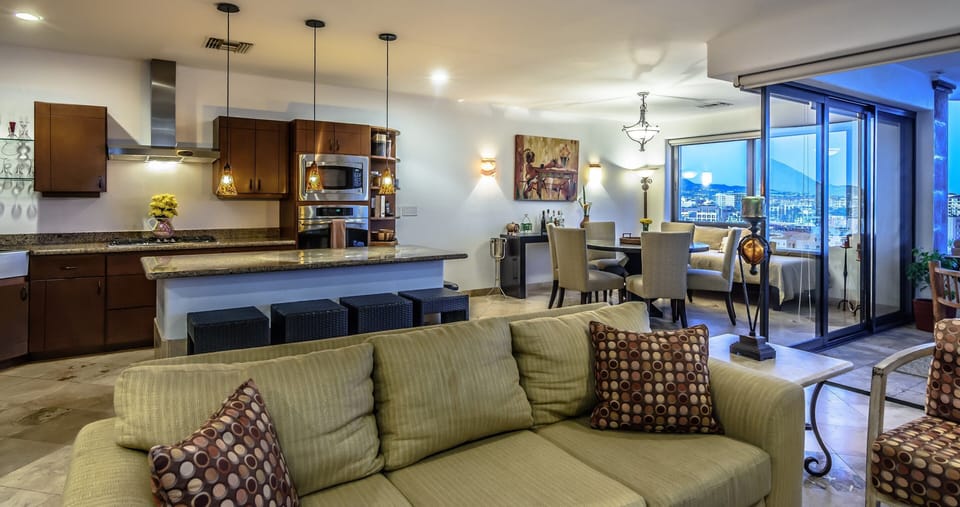 The Family room, Kitchen and Dining area.