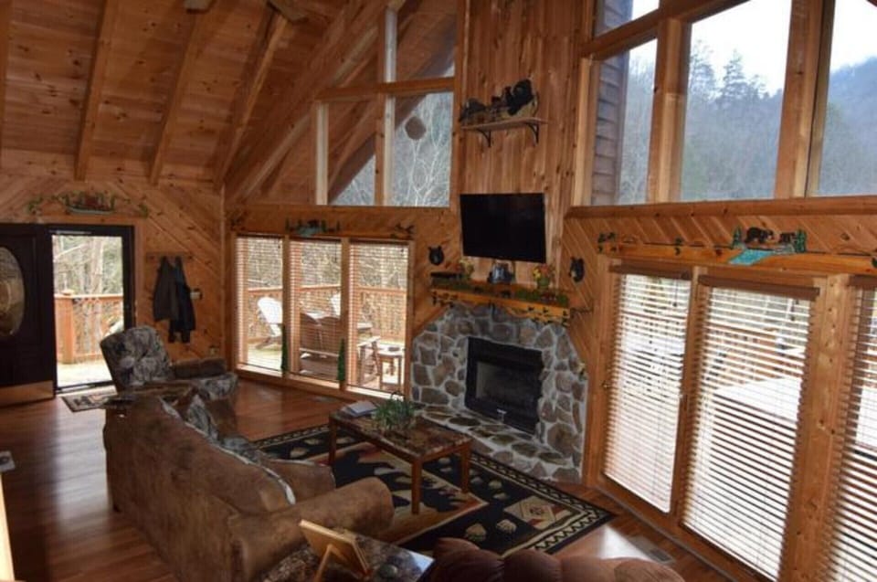 Living Room, Now With New Aspen Log End Tables & Coffee Table With Bear Lamps