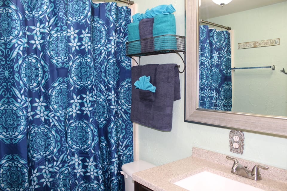 Bathroom decorated in navy & teal, brand new large mirror & nice accents.