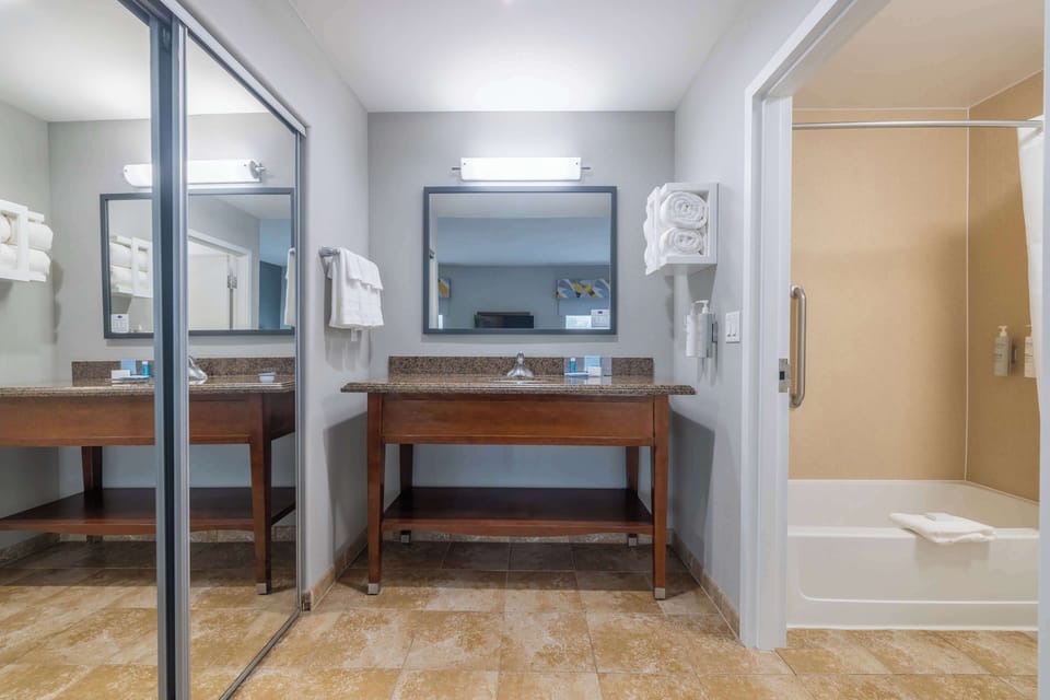 Combined shower/tub, free toiletries, hair dryer, towels