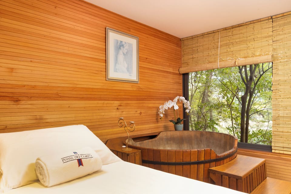 Outdoor treatment areas, sauna, hot tub, steam room, body treatments