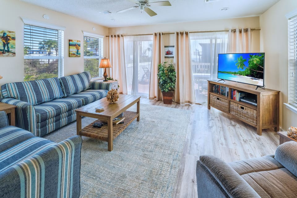 living room opens to deck.