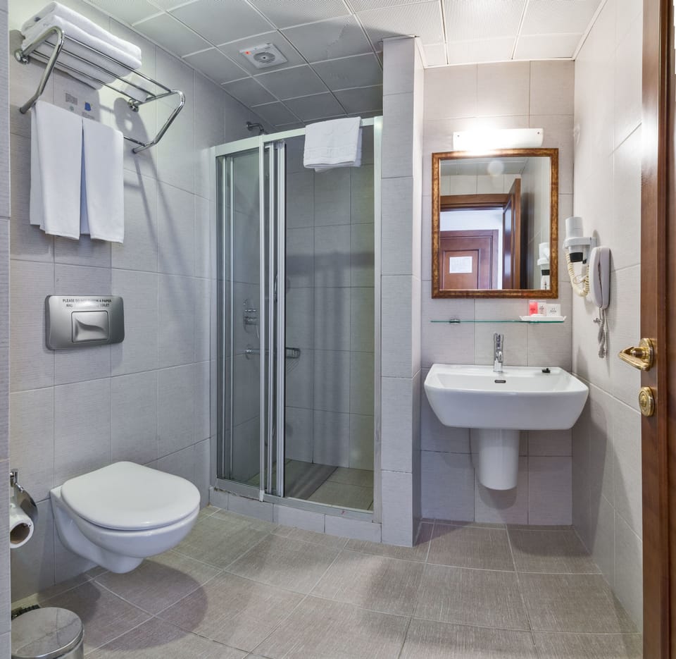 Shower, designer toiletries, hair dryer, slippers