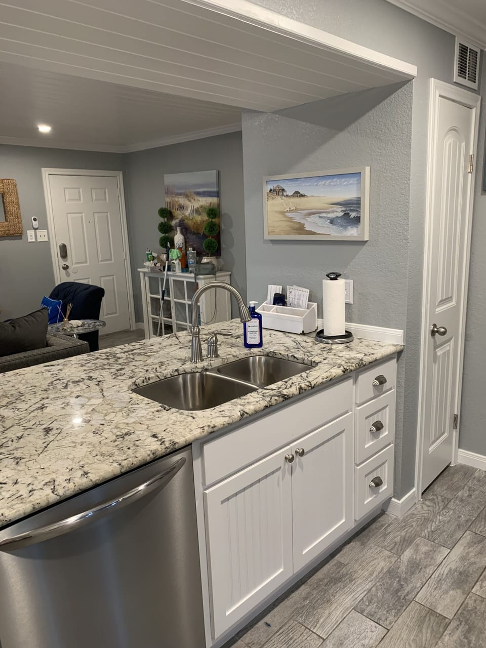 Kitchen peninsula overlooking the living room