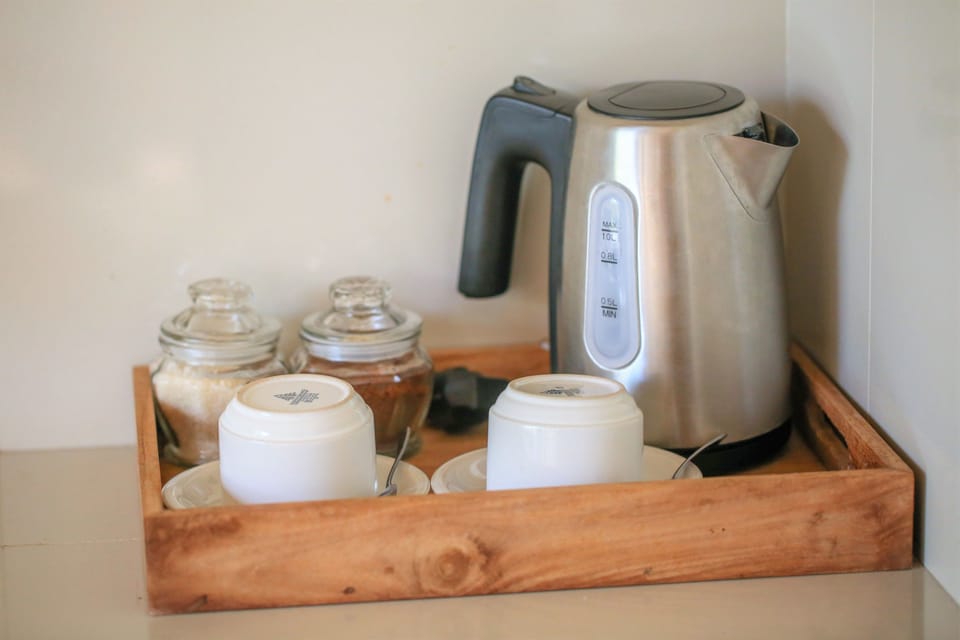 Fridge, coffee/tea maker, electric kettle, cleaning supplies