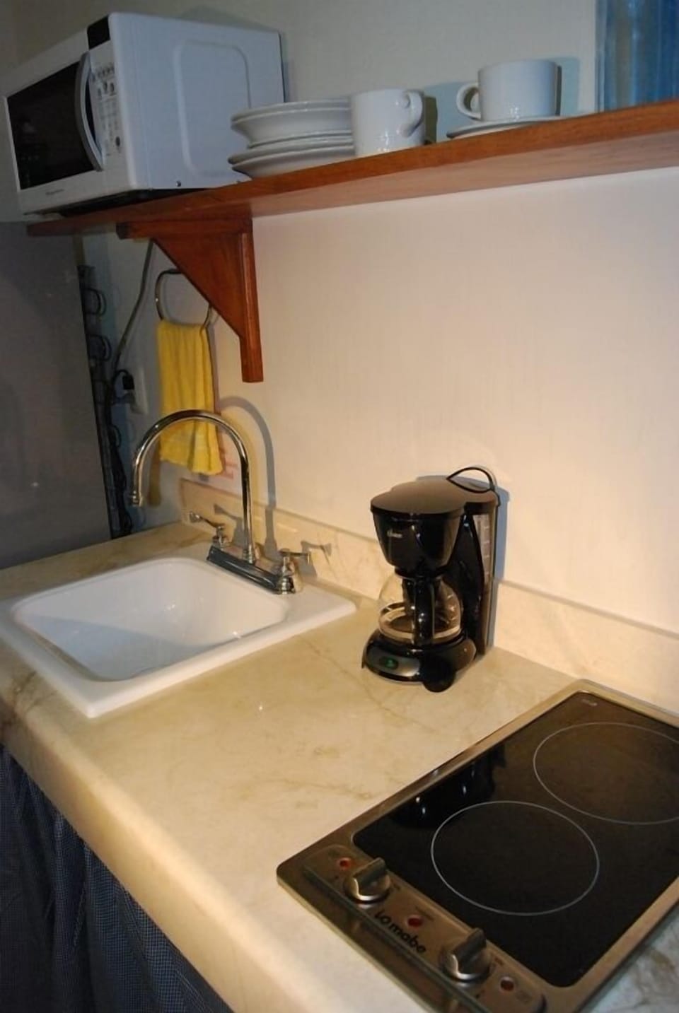 Kitchen includes electric stove, microwave, coffe maker, full size fridge.