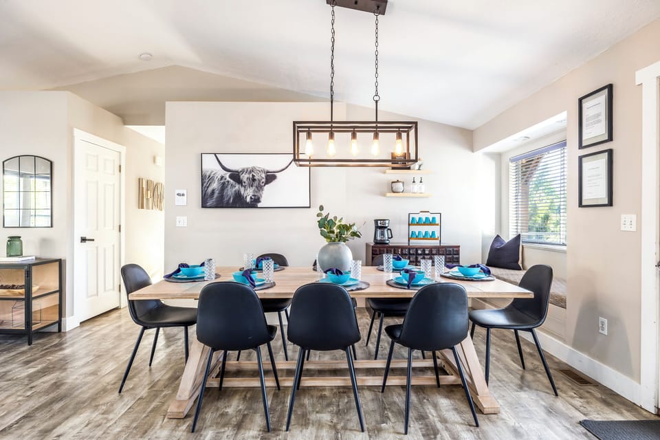 The dining table seats up to 8 people