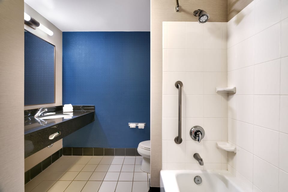 Combined shower/tub, free toiletries, hair dryer, towels