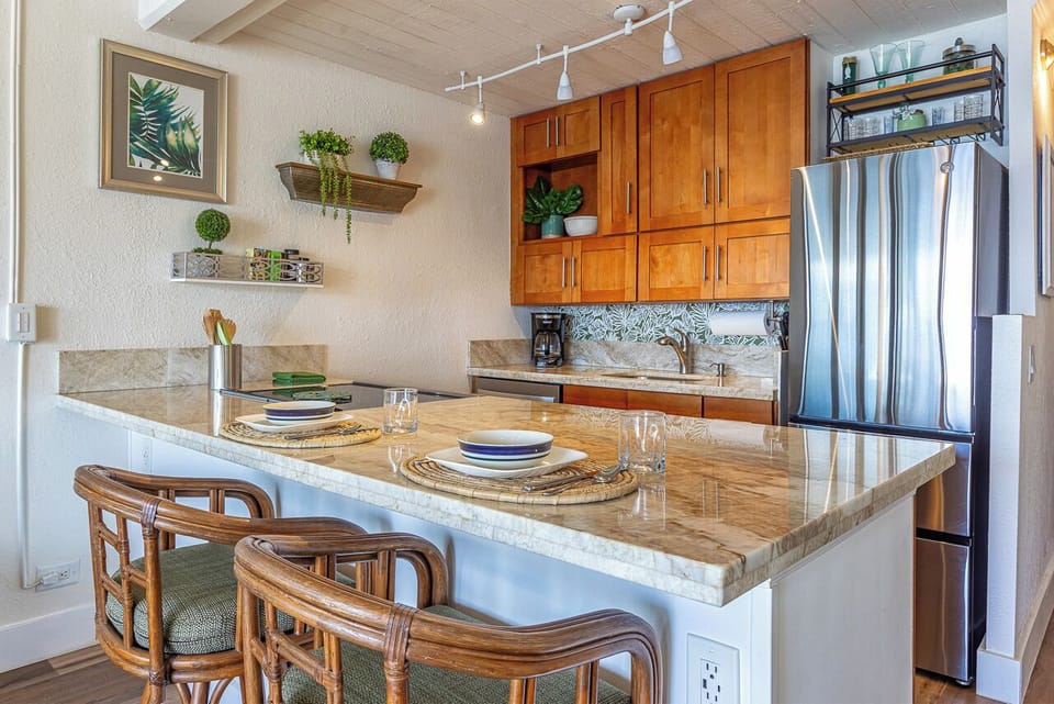 Breakfast bar is great for chatting while prepping meals