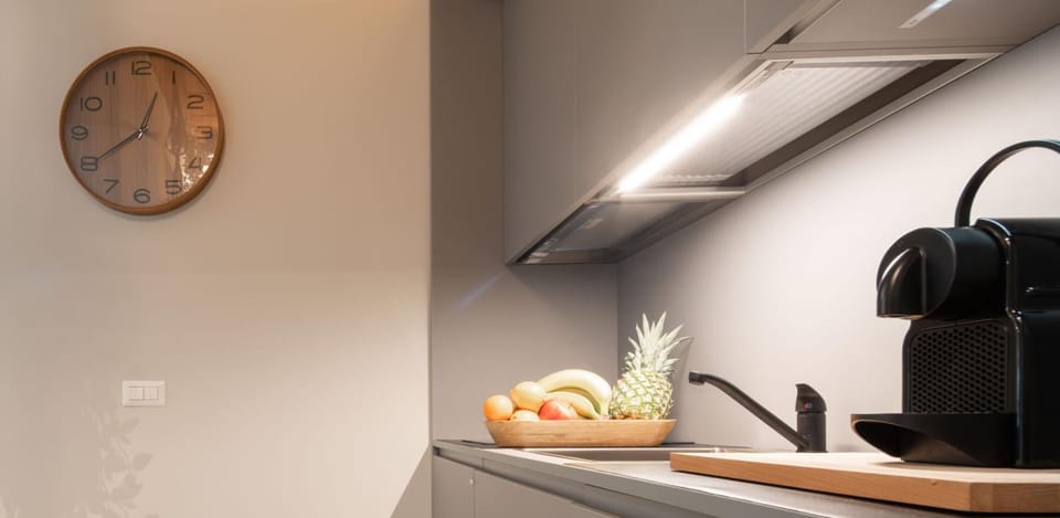 Fridge, stovetop, espresso maker, coffee/tea maker