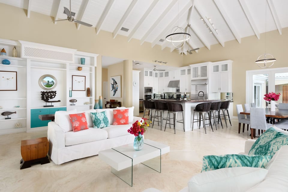 Chef's kitchen, bar, living room, dining to the right
