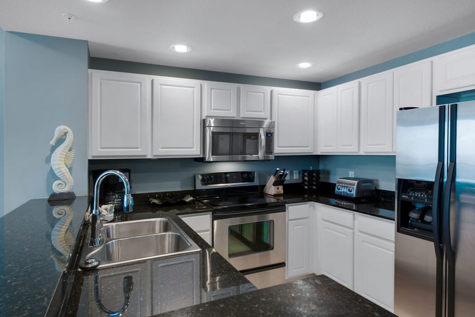 Granite countertops, stainless full size appliances, blender, even spices!