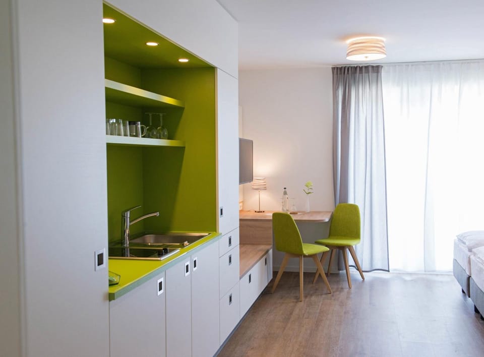 Fridge, microwave, stovetop, electric kettle