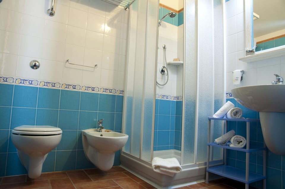 Shower, rainfall showerhead, free toiletries, hair dryer