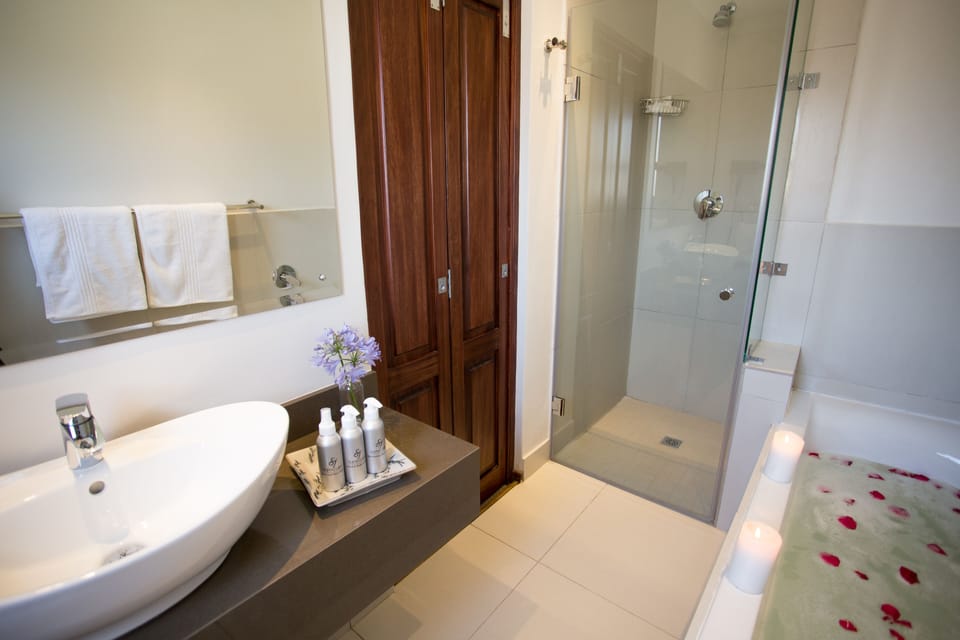 Combined shower/tub, free toiletries, hair dryer, bathrobes