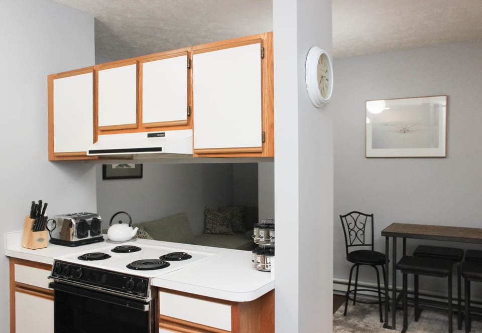 Recently refurbished kitchen opens up to the living room/dining area.