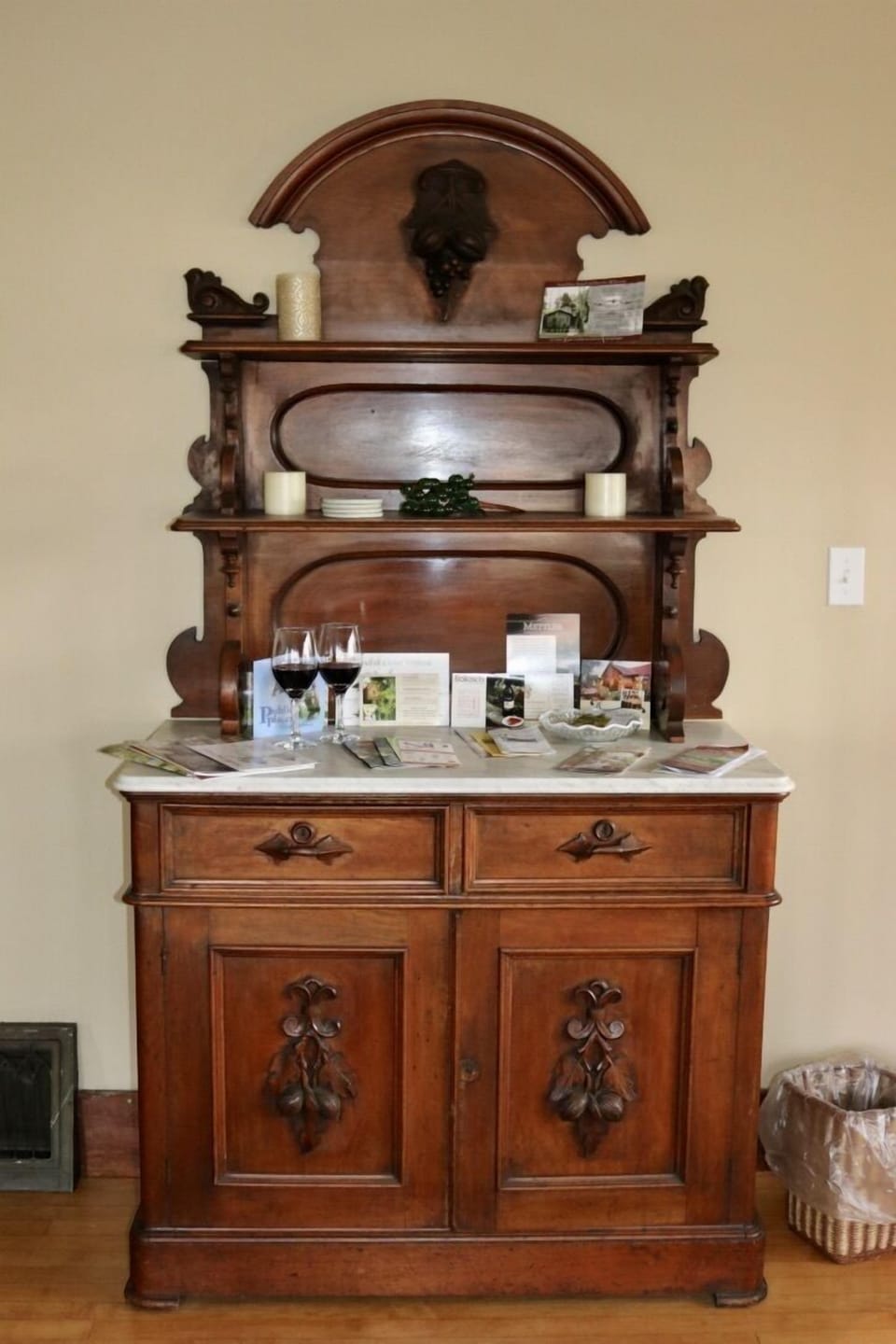 Victorian buffet has many brochures for information  in the game room.