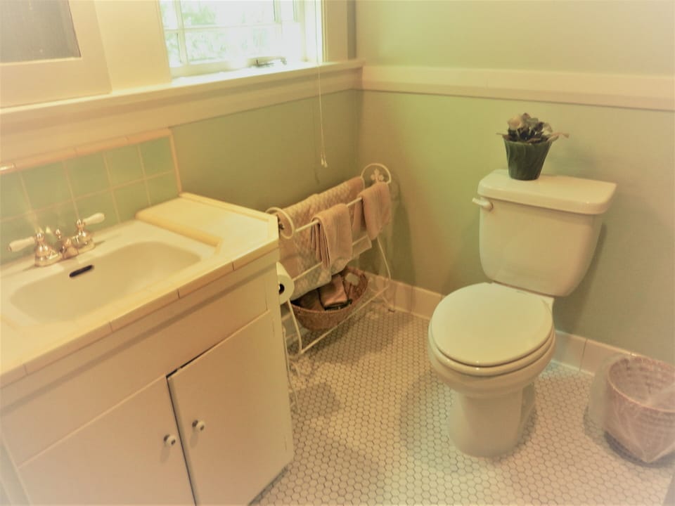 Bathroom with tub and shower off of the den.