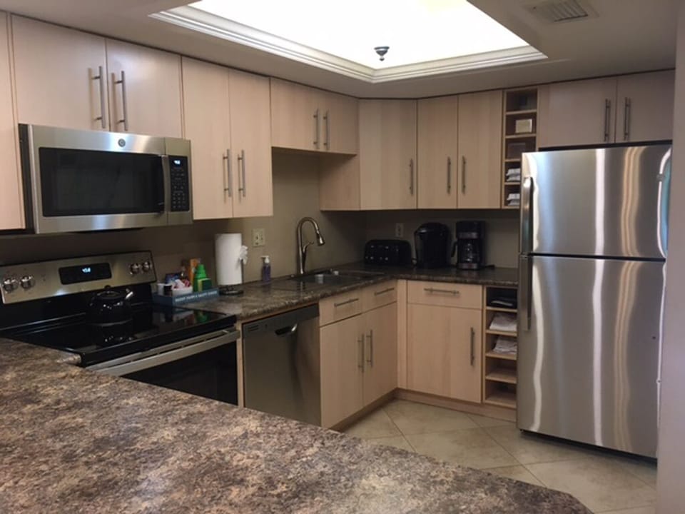 Fully stocked kitchen with new appliances.