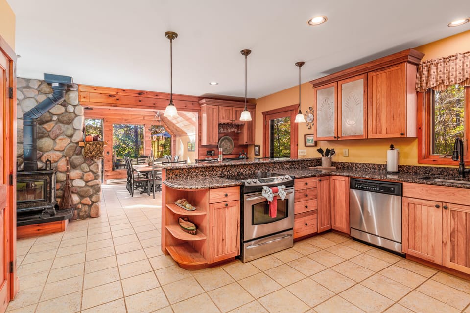 Open kitchen and dining spaces for easy group gathering