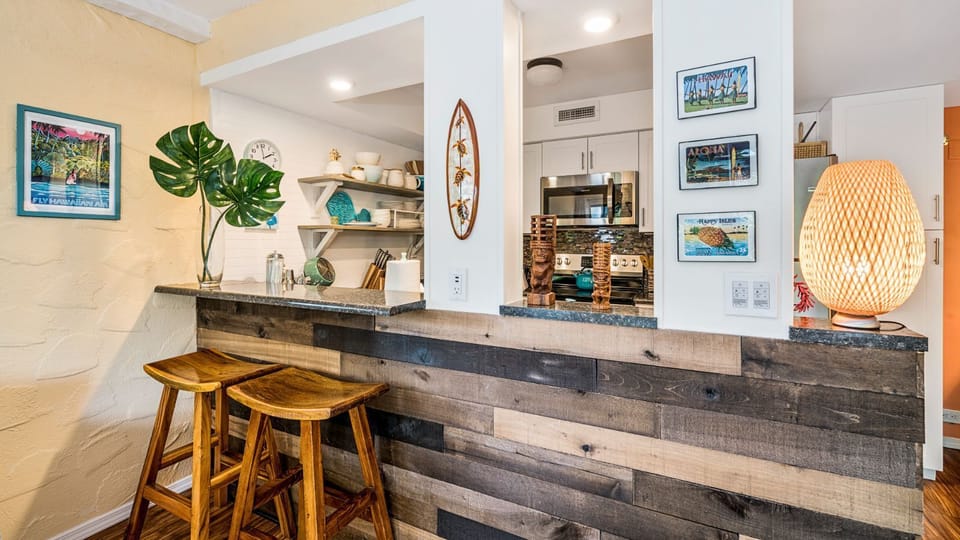 Bar-style seating in the kitchen.