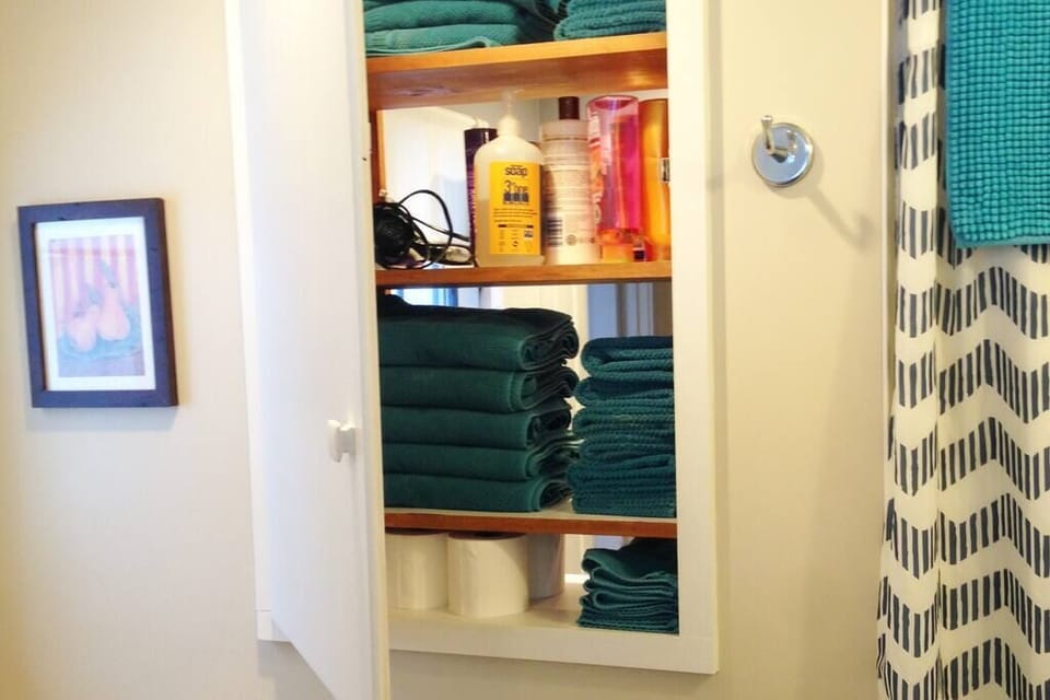 ...and access to towels and bath supplies.