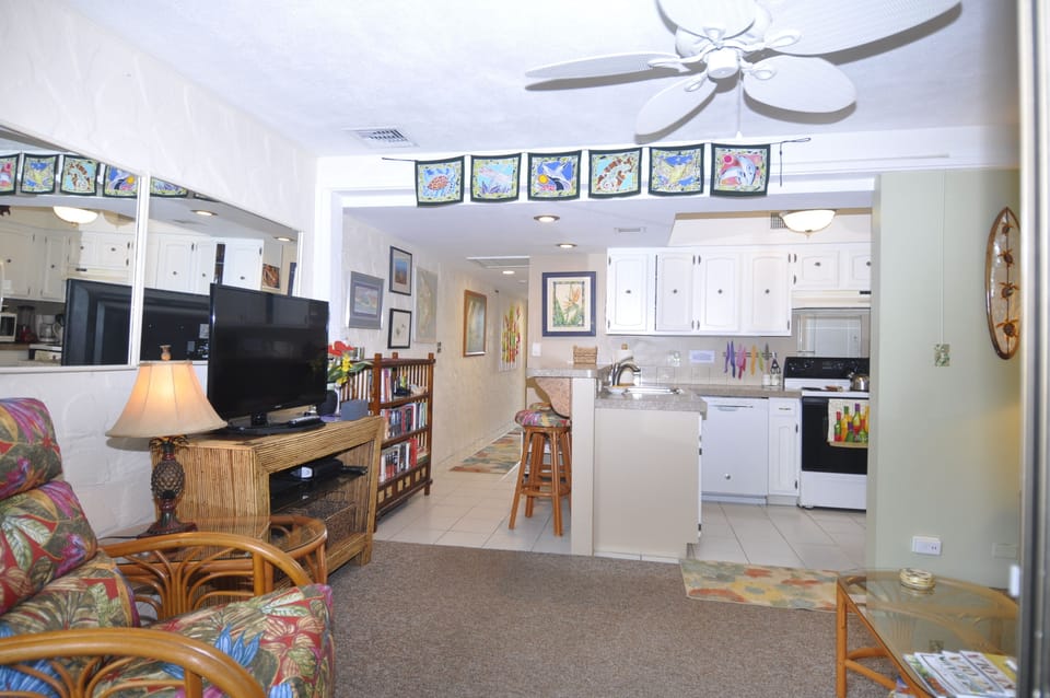from the living room into the kitchen and hallway.  Counter is 'bar' style. 