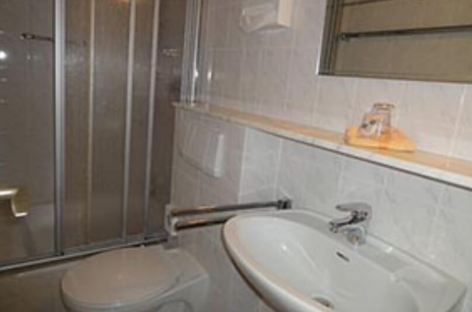 Single Room (Waldblick) | Bathroom | Shower, hair dryer, towels, soap