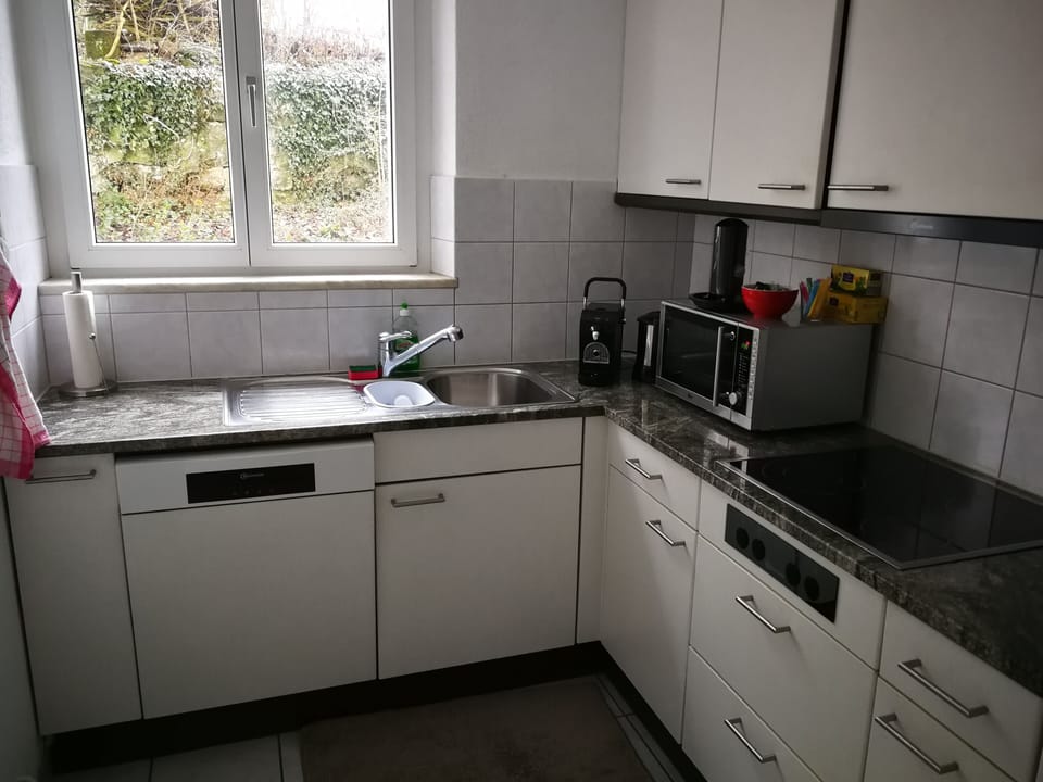 Fridge, microwave, stovetop, cookware/dishes/utensils