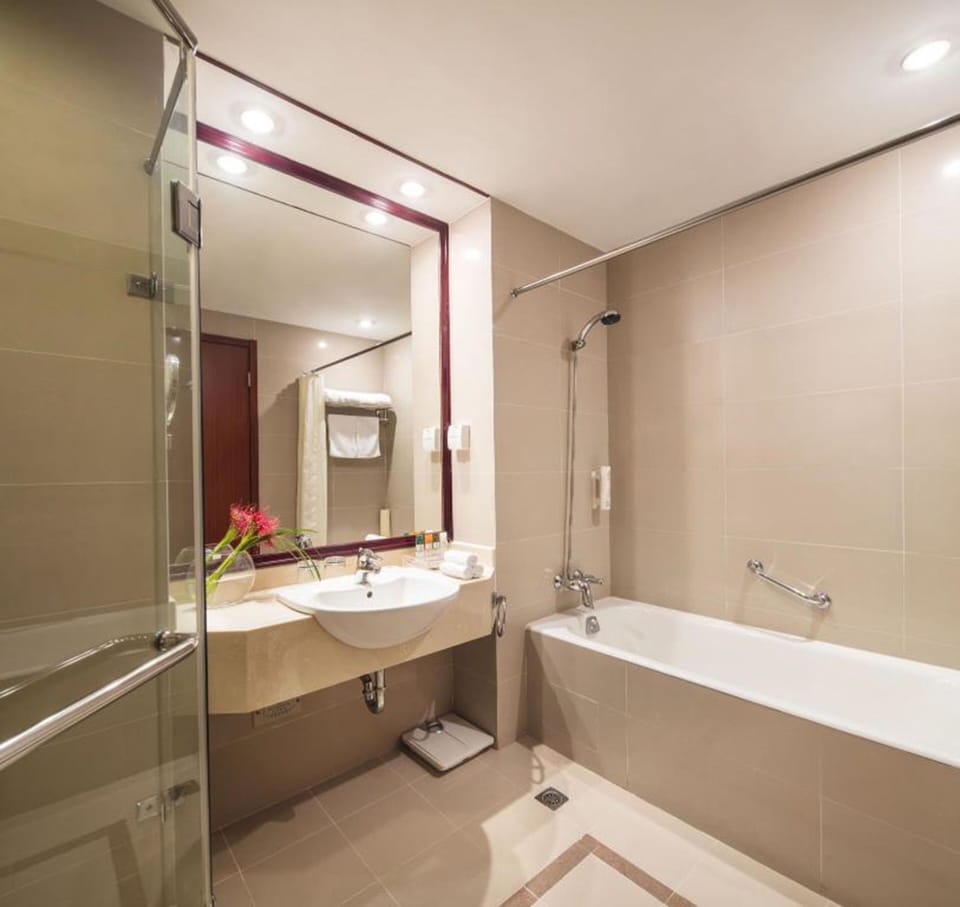 Separate tub and shower, hair dryer, bathrobes, towels