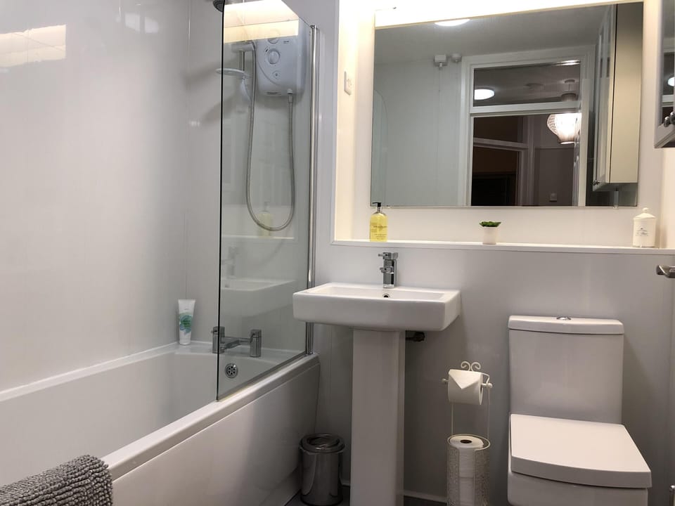 Recently refurbished bathroom with great power shower over bath
