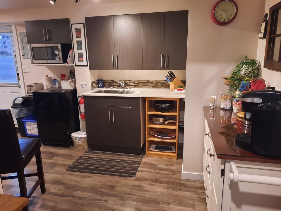 Kitchenette with small fridge, microwave, keurig, toaster, rice cooker, skillet 
