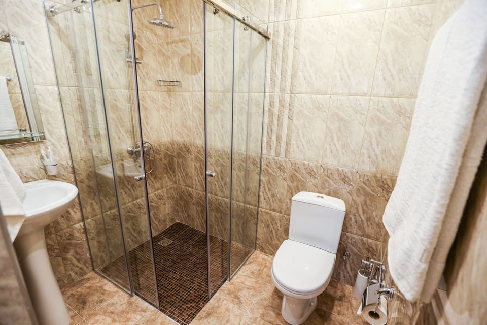 Shower, rainfall showerhead, hair dryer, slippers