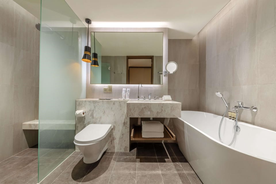 Shower, free toiletries, hair dryer, bathrobes