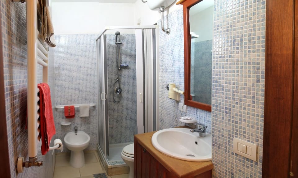 Shower, rainfall showerhead, free toiletries, hair dryer