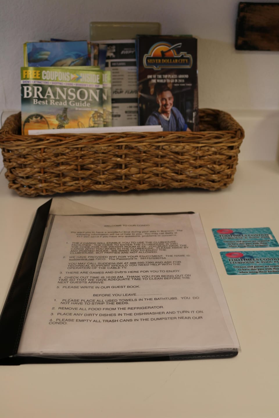 We have brochures, and information on how to connect to Wifi and access the pool