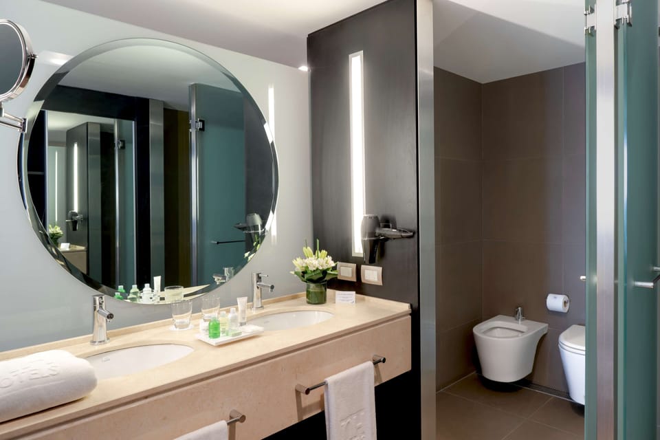 Combined shower/tub, eco-friendly toiletries, hair dryer, bidet