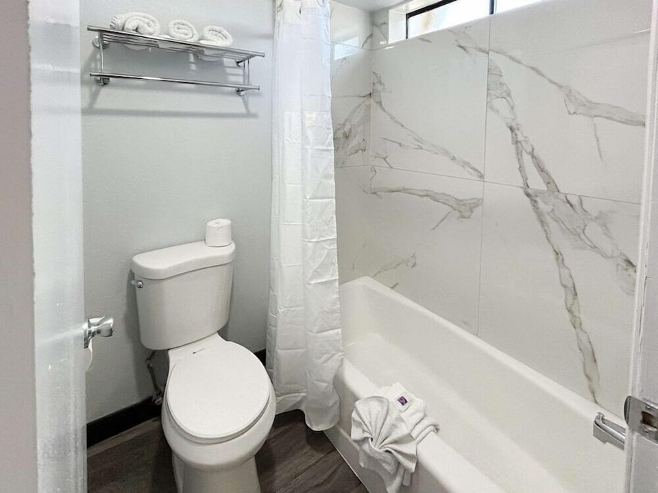 Combined shower/tub, free toiletries, hair dryer, towels