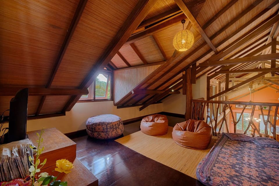 Upstairs TV/lounge area with view over main living area. 2 comfy bean bags.