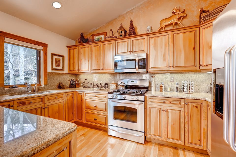 Prepare meals in the full kitchen.