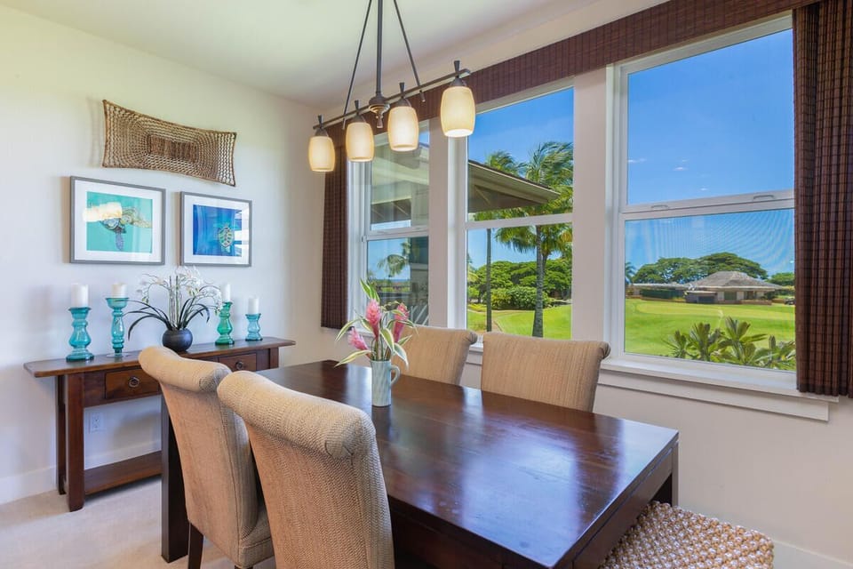 Dining room with golf course and distant ocean views