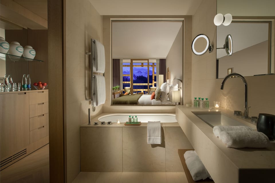 Separate tub and shower, deep soaking tub, rainfall showerhead