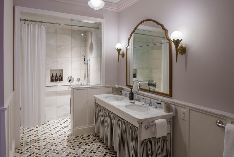Separate tub and shower, deep soaking tub, designer toiletries
