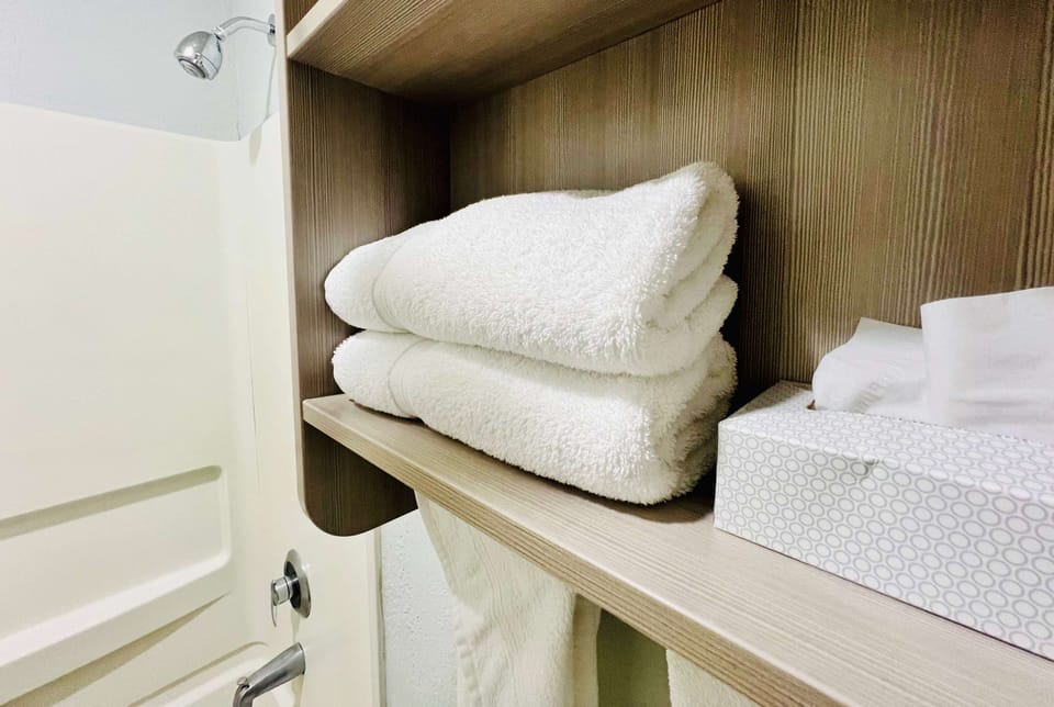 Combined shower/tub, free toiletries, hair dryer, towels