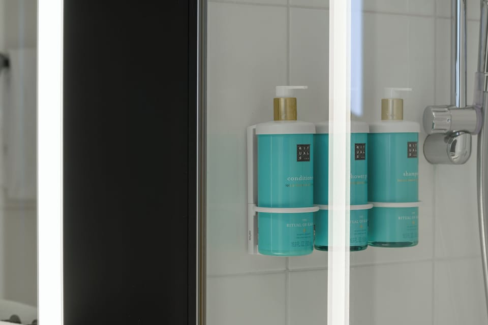 Eco-friendly toiletries, hair dryer, towels, soap