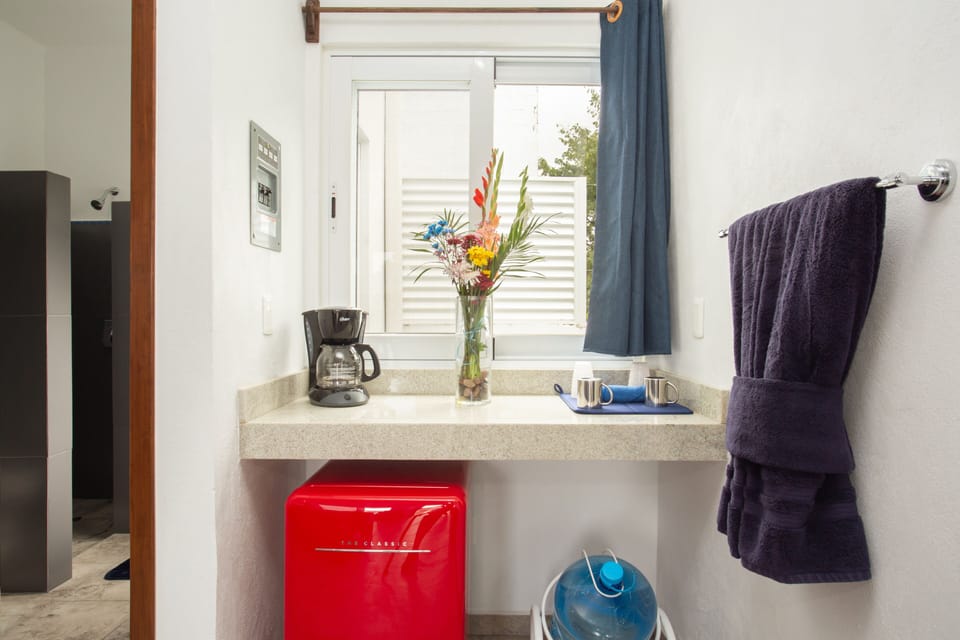Coffee bar, refrigerator, and plenty of filtered water.