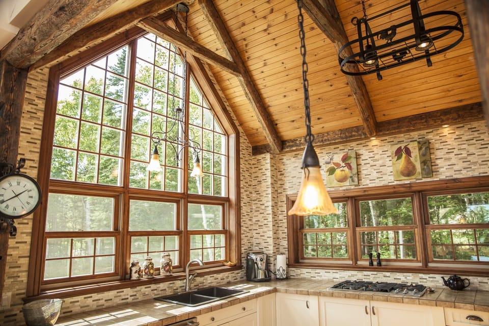 Kitchen with large windows and espresso machine